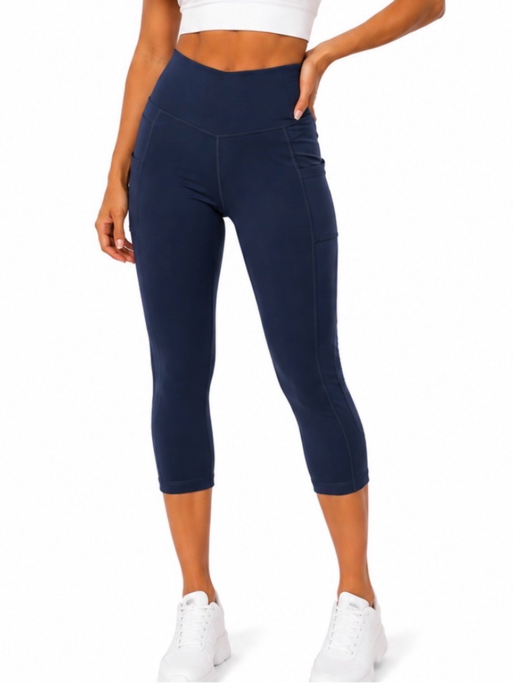 Ouges Navy Performance Leggings side pockets stretch slimming SZ SM